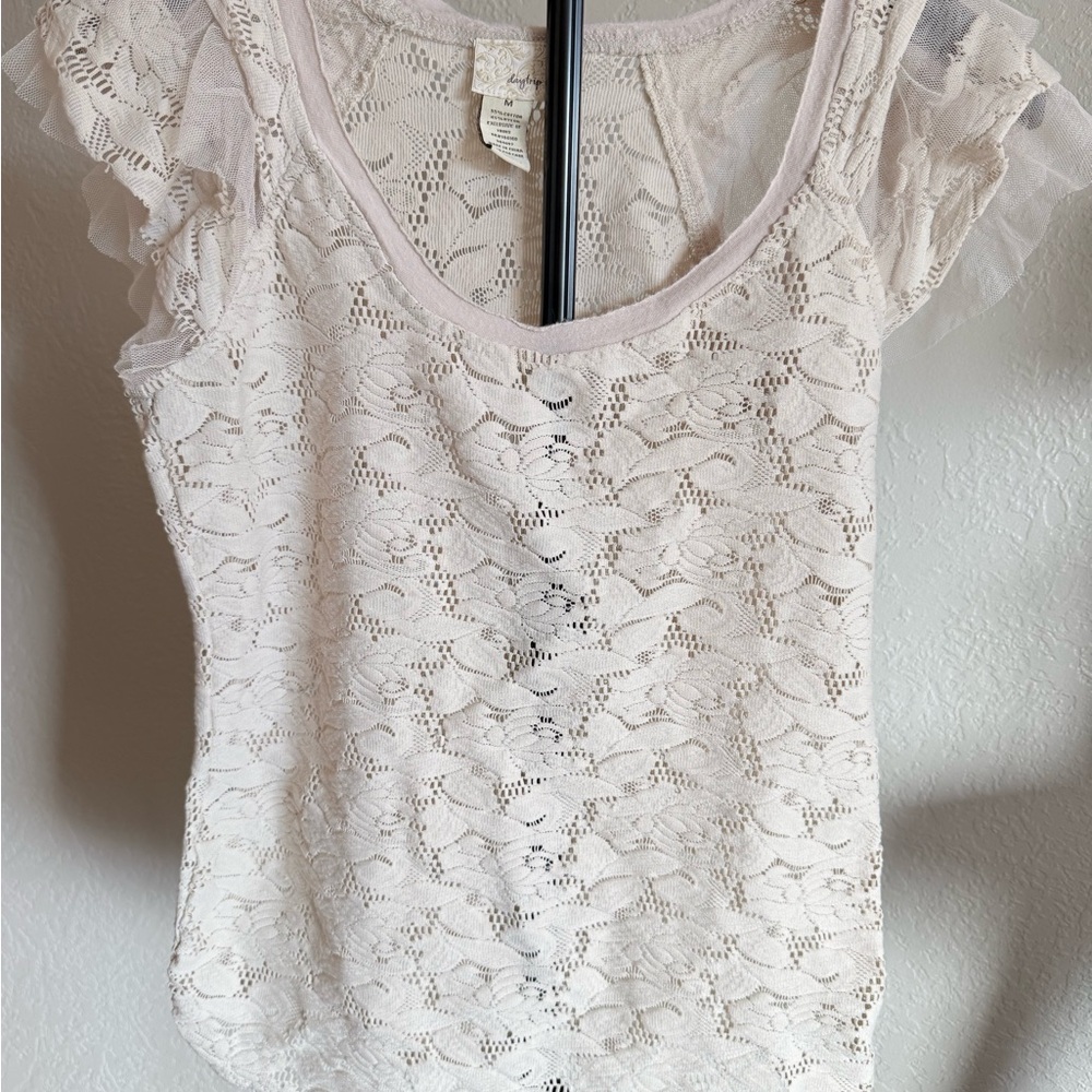 Cream Lace Flutter Sleeve Top Cottagecore Romantic Boho Blouse Medium